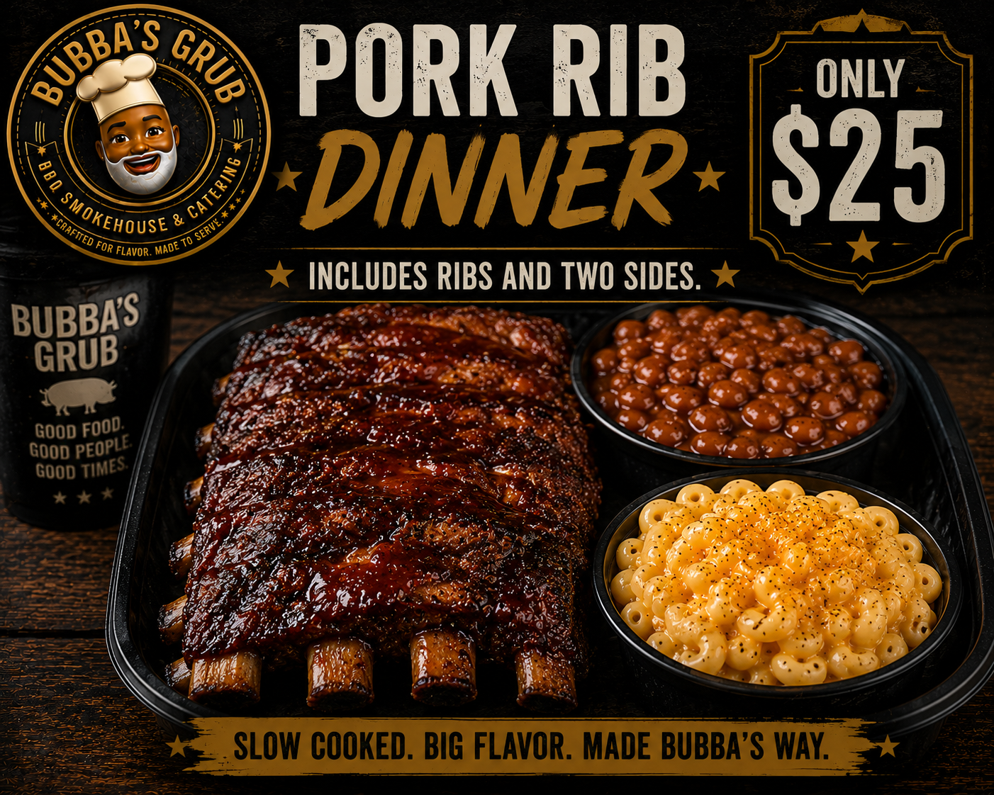 Bubba's Grub pork rib dinner